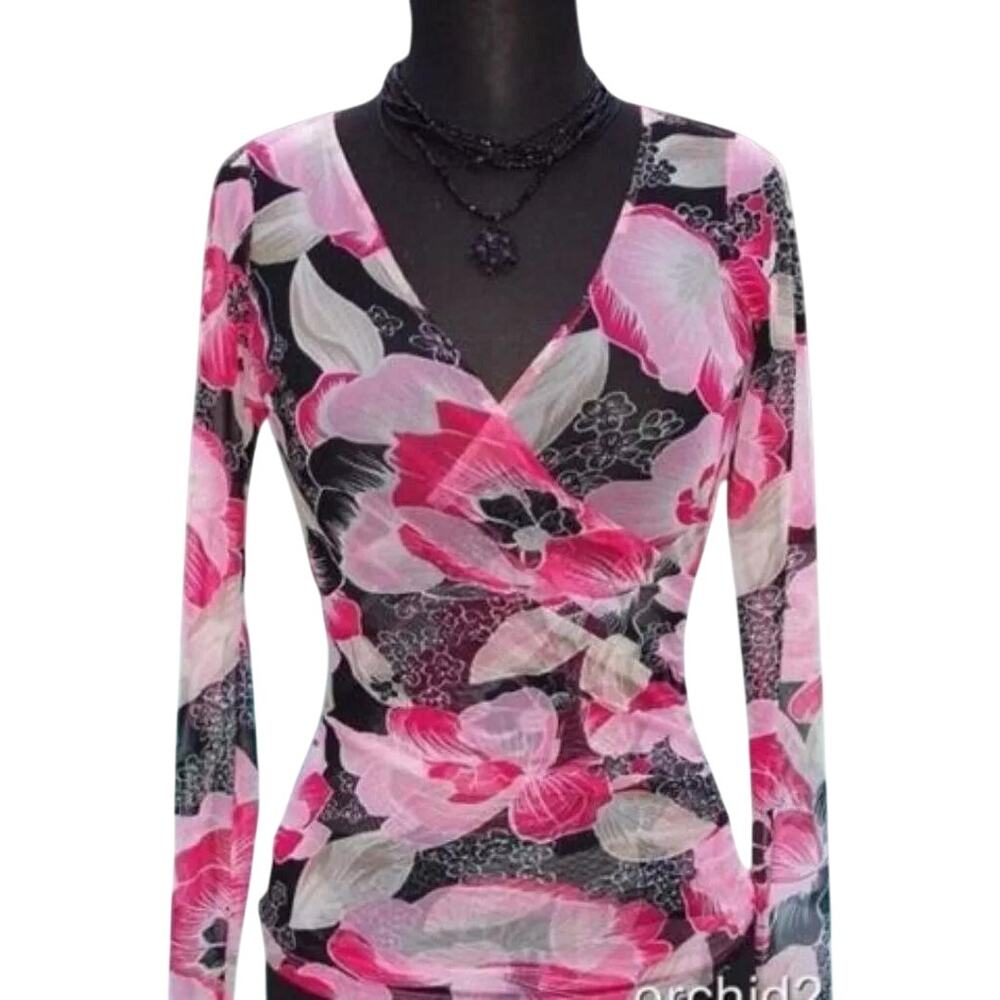 Cache Mesh Sheer Illusion Ruched Wrap Plunge V Top Stretch New Nylon NWT $98